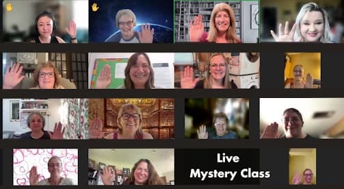 Members and their instructor on a live Mystery class on Zoom
